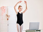 Child, laptop and learning ballet online while dancing, happy and watch video on internet. Girl kid with computer to learn dance art or streaming for virtual class for ballerina talent in home room