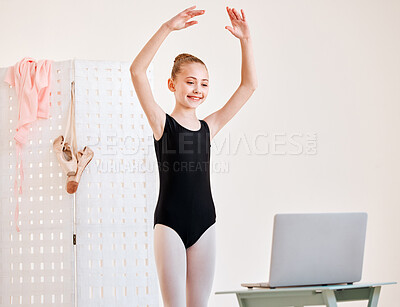 Buy stock photo Child, laptop and learning ballet online while dancing, happy and watch video on internet. Girl kid with computer to learn dance art or streaming for virtual class for ballerina talent in home room