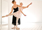 Learning dance, ballet class and teacher with child student in studio for dancing, art and coaching. Girl with woman ballerina coach or dancer to learn balance for academy performance with mockup