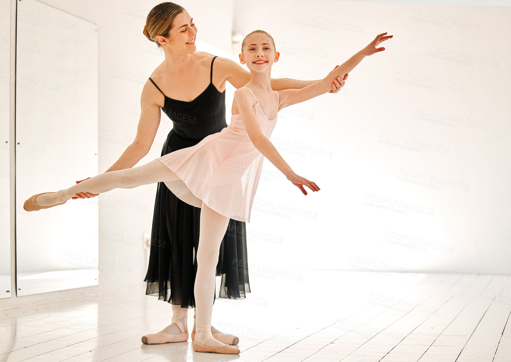 Buy stock photo Learning dance, ballet class and teacher with child student in studio for dancing, art and coaching. Girl with woman ballerina coach or dancer to learn balance for academy performance with mockup