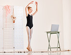 Ballet, child and laptop for online learning while dancing, happy and watch video on internet. Girl kid with computer to learn dance art or streaming virtual class for ballerina talent in home room