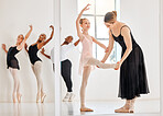 Dance, ballet class and student children with teacher in studio for dancing and learning art. Happy girl and woman ballerina coach or dancer to learn balance with legs or feet for academy performance