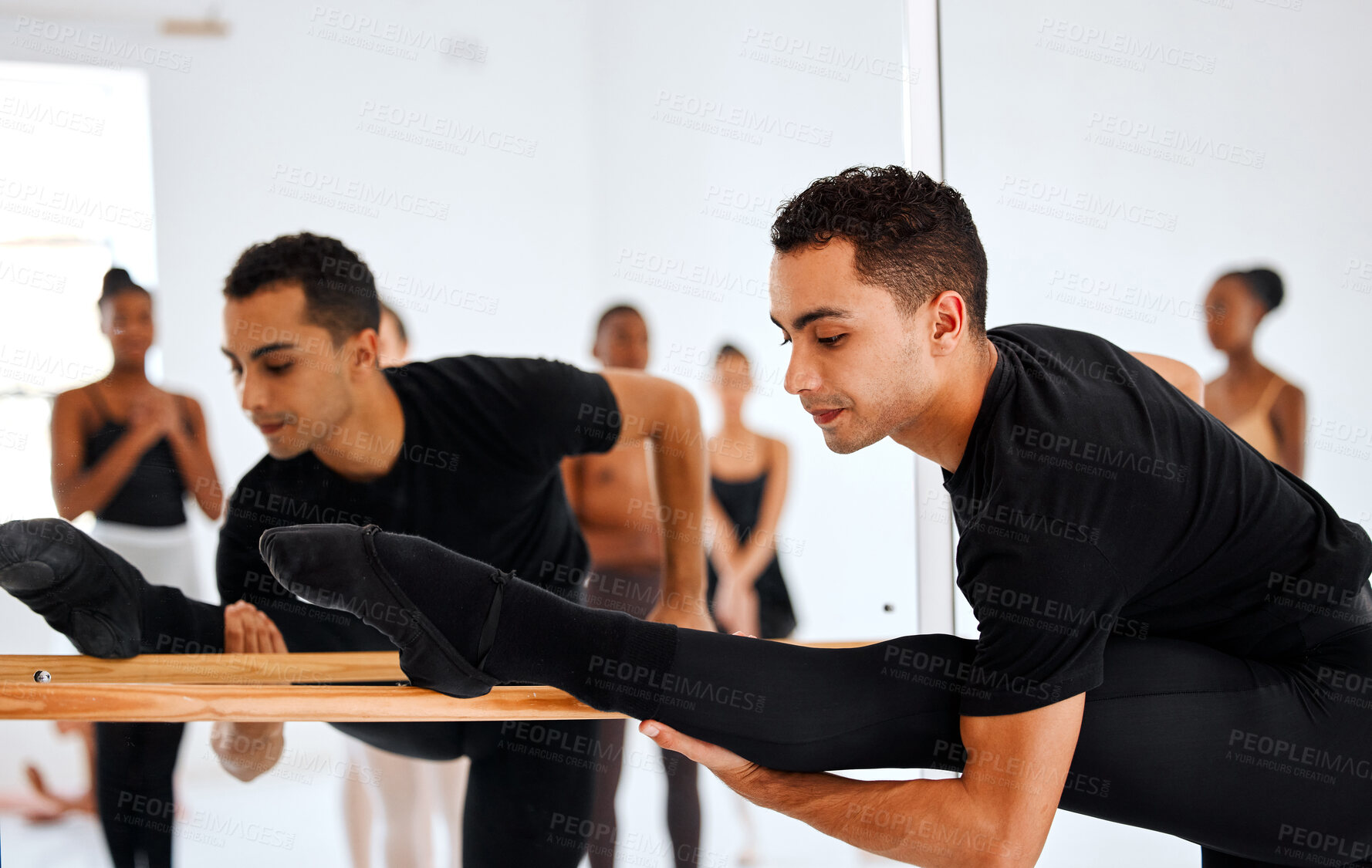 Buy stock photo Mirror, ballet and man leg stretching for dance, fitness or theater rehearsal at studio, flexible and art. Creative, stretch and male performer with stage, performance and beauty and preparation