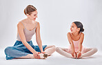 Ballet, mentor and girl stretching, training and conversation for routine, happiness and studio. Ballerina, trainer and student with smile, support and talking for performance and child development