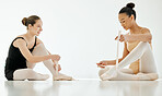 People, ballet shoes and tying for performance, dancer and prepare in dance studio, legs and ribbons. Women, ballerina and ready for practice, competition and recital, friends and support by academy