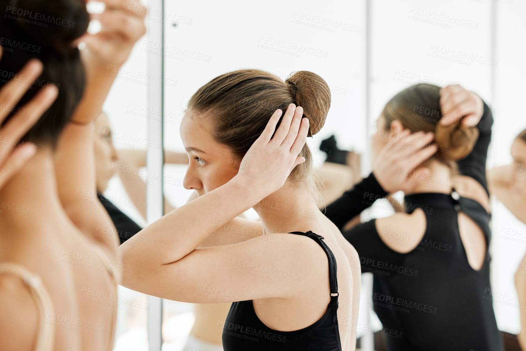 Buy stock photo People, mirror and hair of ballerina, reflection and ready for performance, prepare for competition. Women, dancer and artist of ballet, haircare and beauty or wellness, friends and support in class