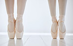 Ballet, shoes and feet on pointe, flexibility and strong performance or exercise, training and fitness. Legs, people and active in dance studio, dancers and ballerinas or workout, together and cardio