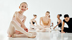 Portrait, ballet and girl on floor, smile and studio for wellness, training and relax after practice, fitness and confidence. Female student, young person or ballerina with creative dance and class