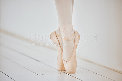 Buy stock photo Ballet, shoes and feet on pointe, dance and strong performance or exercise, training and fitness. Legs, people and active or flexibility, dancer and ballerina or workout, together and cardio or art
