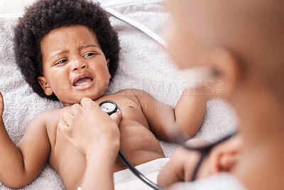 Buy stock photo Baby, crying and stethoscope for checkup, sick and home with pediatrician listening, consulting and medical aid. Heartbeat, house and help with kid, unhappy and healthcare for child development