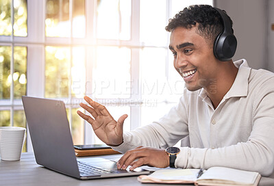 Buy stock photo Remote work from home, video call and man with laptop, business or connection with internet, headphones or greeting. Person, freelancer or agent with pc, headset or communication with online meeting.