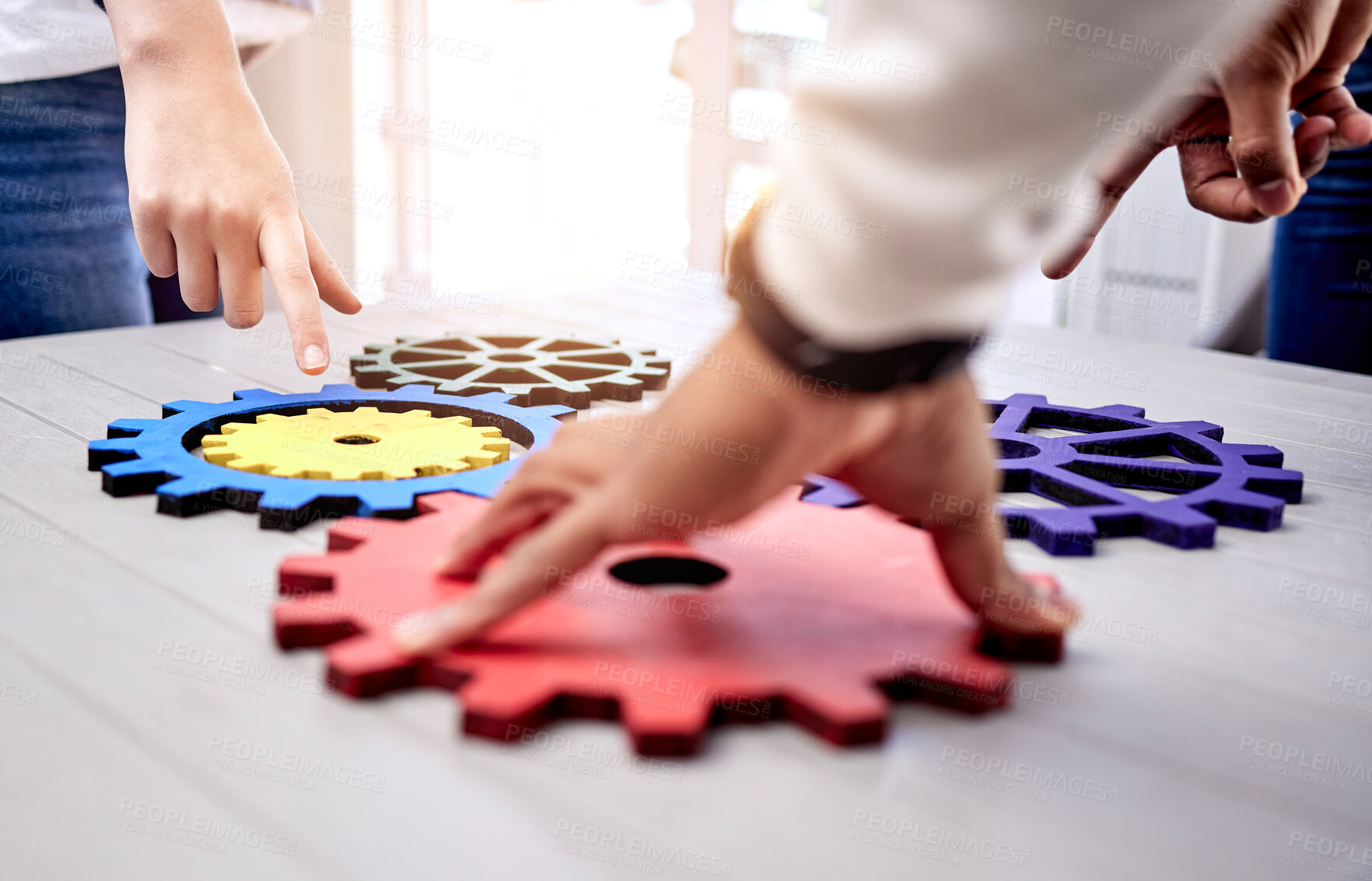 Buy stock photo Closeup, business and teamwork with gears, planning and collaboration with support, problem solving and ideas. Brainstorming, hands and professional with research, development and partnership