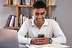 Man, smile and typing on phone, home office and social media or online research, networking and tech. Male person, connection and browsing on smartphone, internet and mobile app or reading website