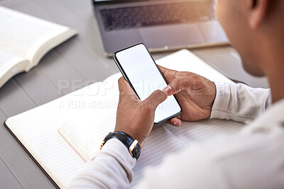 Buy stock photo Business, typing and man with a smartphone, screen and mockup space with internet, social media and employee. Person, entrepreneur or consultant with a cellphone, digital app and connection with info