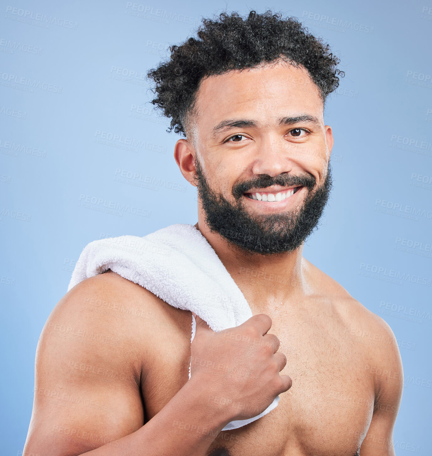 Buy stock photo Shower towel, grooming portrait or happy man in morning routine, beauty cleaning or self care maintenance. Bathroom smile, happiness or studio person hygiene, bath or face skincare on blue background