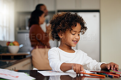 Buy stock photo Happy child, school drawing and coloring with development and knowledge in home. Paper, young girl and kitchen with creativity project and smile from student education and art with pencil at table