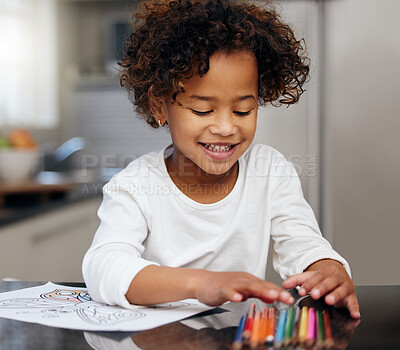 Buy stock photo Creative child, school learning and coloring with development and knowledge in home. Happy, young girl and house with creativity project and smile from student education and art with drawing at table