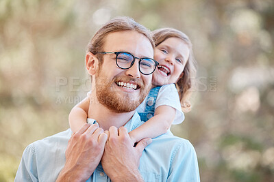 Buy stock photo Smile, nature and child hugging her dad at an outdoor garden with love and care for bonding. Happy, backyard and portrait of girl kid embracing her young father from Australia in a field or park.