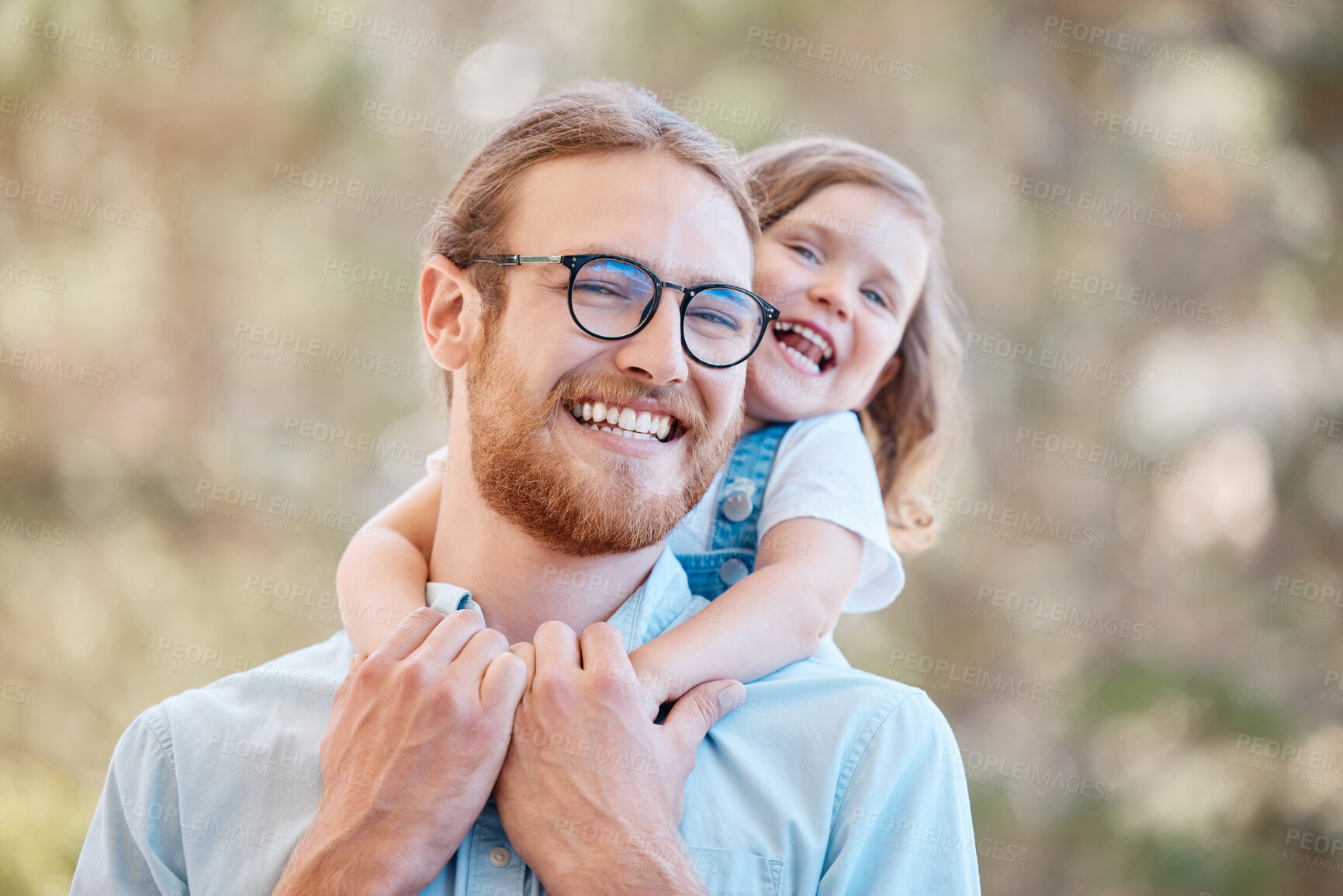 Buy stock photo Smile, nature and child hugging her dad at an outdoor garden with love and care for bonding. Happy, backyard and portrait of girl kid embracing her young father from Australia in a field or park.