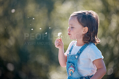 Buy stock photo Children, nature and a girl blowing a dandelion outdoor in a park, garden or backyard for a wish on space. Environment, freedom and plant with an adorable little kid on a green background in spring