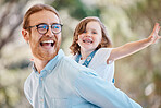 Happy, piggyback and child with her father in nature at an outdoor garden with love and care for bonding. Smile, playing and girl kid having fun with young dad from Australia in a field or park.