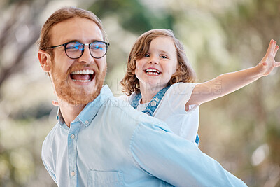 Buy stock photo Happy, piggyback and child with her father in nature at an outdoor garden with love and care for bonding. Smile, playing and girl kid having fun with young dad from Australia in a field or park.