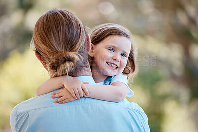 Buy stock photo Happy, nature and child hugging her father at an outdoor garden with love and care for bonding. Smile, backyard and girl kid embracing her young dad from Australia in a field or park together.