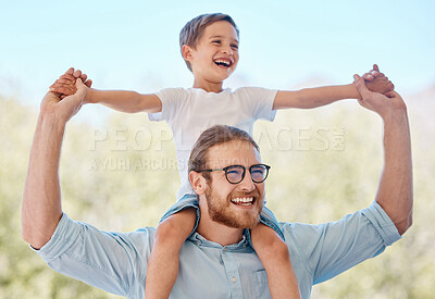 Buy stock photo Outdoor, father carrying child and smile with family, adventure and happiness with love, cheerful and support. Face, dad with kid on the shoulders and care in a park, play or relax with joy or nature
