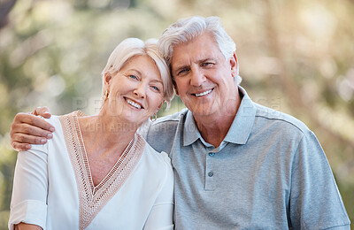 Buy stock photo Portrait, smile and hug with a senior couple outdoor together for romance or bonding in retirement. Summer, nature or love with a happy elderly man and woman in a park or garden for affection