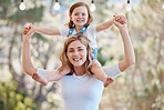 Outdoor, mother carrying child and smile with family, portrait and happiness with love, trust and support. Face, mama with kid on the shoulders and care in a park, play and relax with joy or cheerful