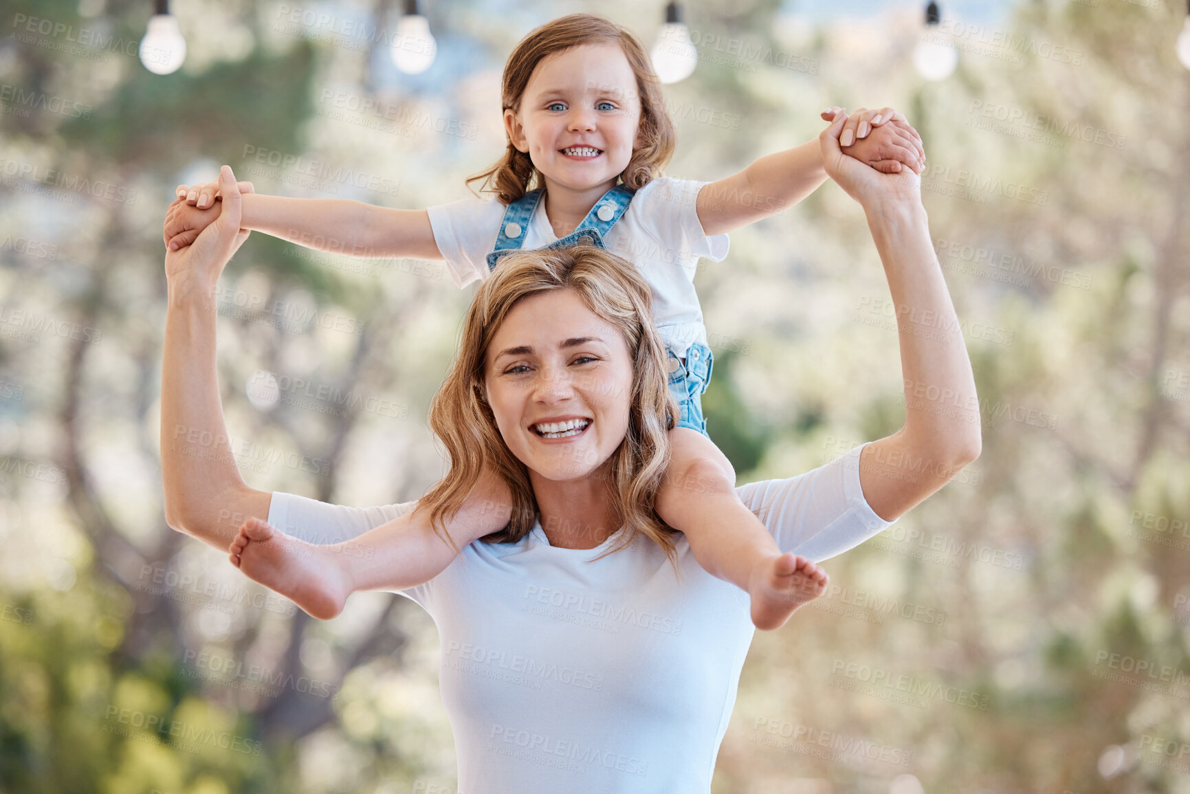 Buy stock photo Outdoor, mother carrying child and smile with family, portrait and happiness with love, trust and support. Face, mama with kid on the shoulders and care in a park, play and relax with joy or cheerful