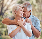 Love, smile and a senior couple hugging outdoor together for romance or bonding in retirement. Summer, nature or freedom with a happy elderly man and woman embracing in a park or garden for marriage