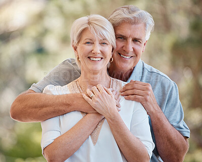 Buy stock photo Portrait, love and hug with a senior couple outdoor together for romance or bonding in retirement. Summer, nature or smile with a happy elderly man and woman in a park or garden for affection