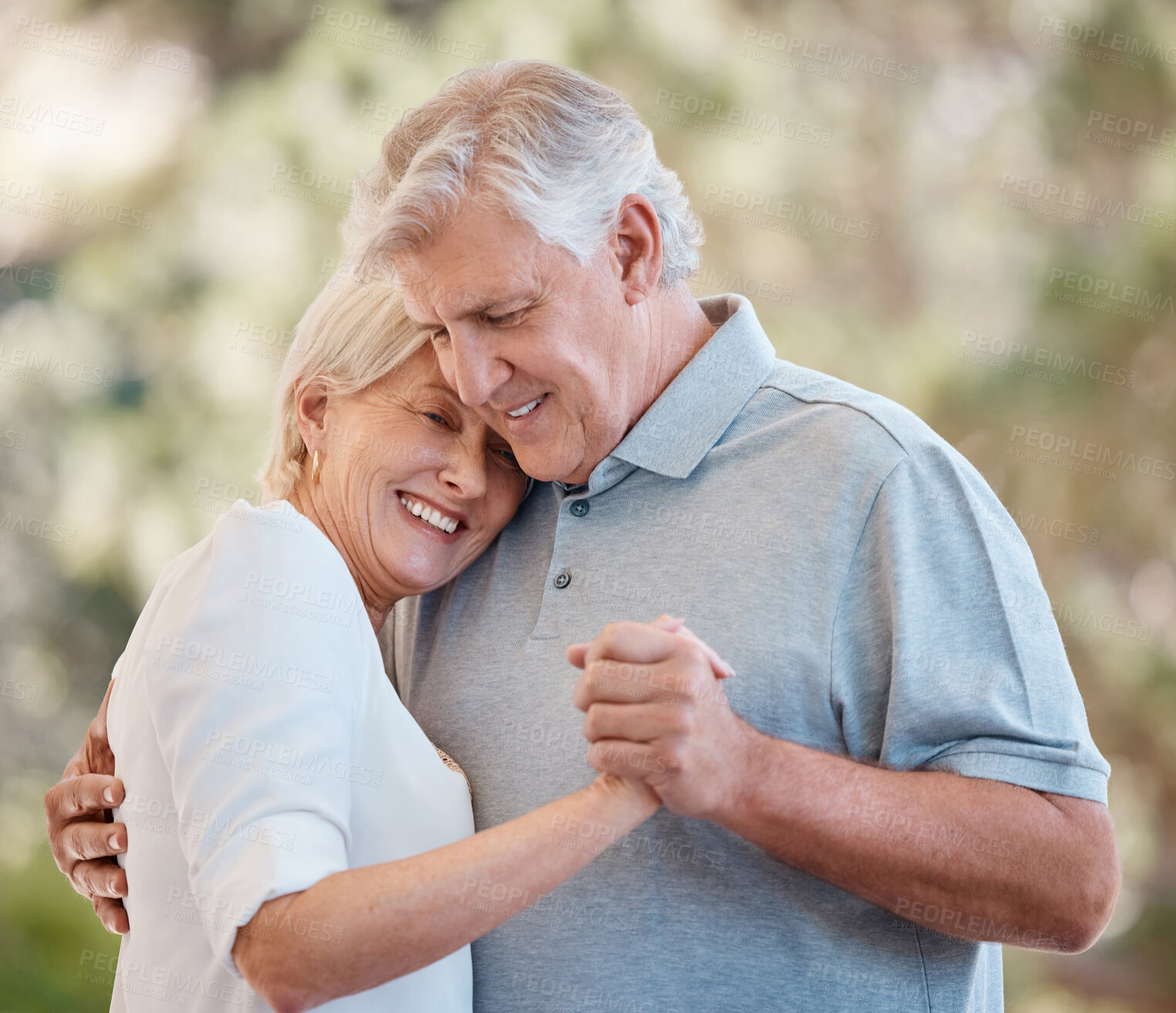 Buy stock photo Love, dance and smile with a senior couple outdoor together for romance or bonding in retirement. Summer, nature or park with a happy elderly man and woman in their garden or backyard for marriage