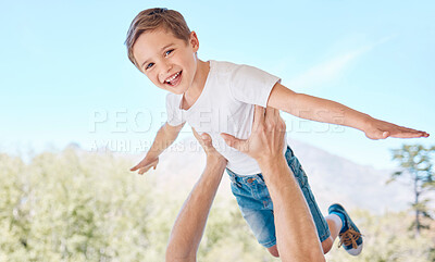 Buy stock photo Child, portrait and parent flying in nature for fun and bonding together with happiness. Garden, airplane and father lifting his kid son for playful game in summer for carefree freedom and love