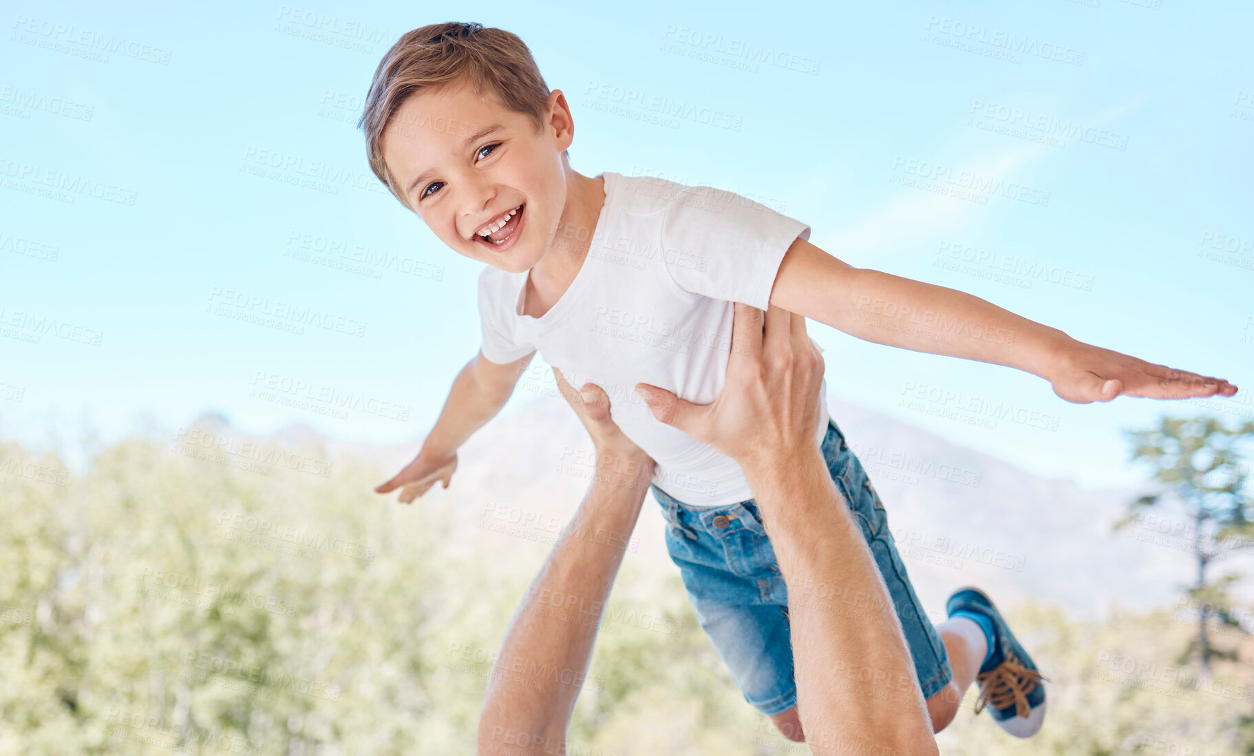 Buy stock photo Child, portrait and parent flying in nature for fun and bonding together with happiness. Garden, airplane and father lifting his kid son for playful game in summer for carefree freedom and love