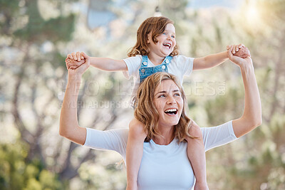 Buy stock photo Outdoor, mother carrying child and happiness with family, sunshine and nature with love, cheerful or support. Summer, mama with kid on the shoulders or care in a park, play or relax with joy or break