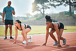 Women, runner and start track or coach timer for speed test, training for marathon competition. Female people, athletes or teacher on field in summer sport challenge or fast cardio, action in outdoor