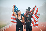 Winner, flag or runner sports team celebrate, excited or happy winning award, global competition or race. Partner, teamwork achievement or American athlete celebration for track field running success