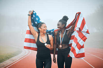 Buy stock photo Winner, flag or runner sports team celebrate, excited or happy winning award, global competition or race. Partner, teamwork achievement or American athlete celebration for track field running success