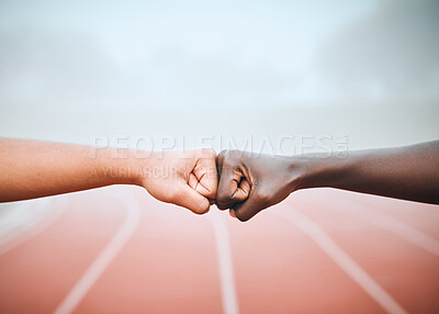 Buy stock photo People, hands and fist bump outdoor for sport, running and fitness motivation or partnership for race. Friends, athlete or diversity on field, training or exercise with team building, deal and unity
