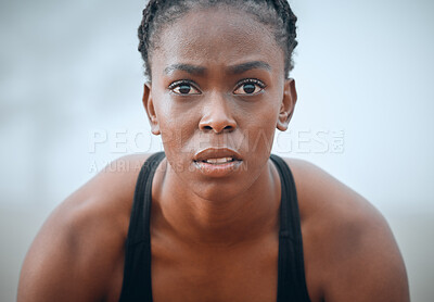 Buy stock photo Woman, face and serious outdoor for fitness, exercise or break with exhausted, rest and wellness. Athlete, black person and thinking of workout, training or physical activity with sportswear or calm