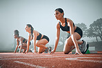 Women, runner and race track start block for marathon competition, training or ready. Female people, line for speed test on field for group challenge or fast cardio professional, arena as fit athlete
