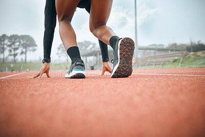 Buy stock photo Woman, runner and start legs on race track for marathon practice, challenge or competition athlete. Black person, ready active in stadium for exercise strong achievement on field, test or training
