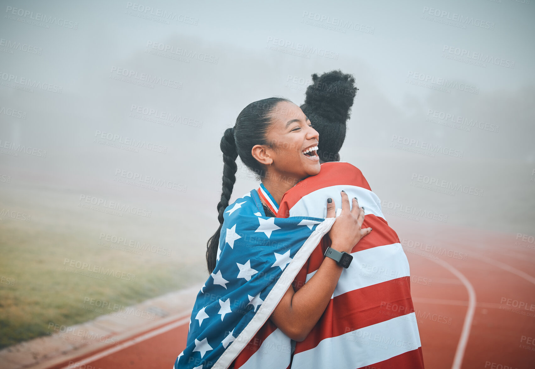 Buy stock photo Celebration hug, American flag or track sports team, women and excited winner victory, competition success or race goals. Champion runner, teamwork and athlete friends embrace for running achievement
