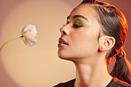 Makeup, beauty and profile of woman with flower for luxury cosmetics, skincare products and fashion. Neon studio, creative art deco and face of girl with plant for self care, glamour and satisfaction