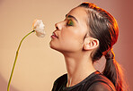 Cosmetics, makeup and profile of woman with flower for luxury beauty, skincare products and fashion. Neon studio, creative cosmetics and face model with plant for self care, glamour and satisfaction