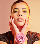 Makeup, flower and face portrait of woman for natural cosmetics, luxury art and eyeshadow. Creative aesthetic, skincare and girl pose with hands for beauty, facial and glowing skin in neon studio