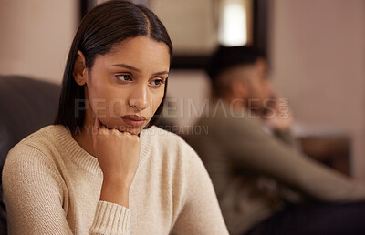 Buy stock photo Divorce, stress and couple fight on a sofa angry, sad and frustrated by infertility crisis at home. Marriage, conflict and woman with depression, anxiety and overthinking, drama or ignore liar man