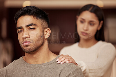 Buy stock photo Divorce, fight and couple in a house with stress, worry or fear of infertility crisis in their home together. Marriage, conflict and sad man reject toxic woman in living room with argument or dispute